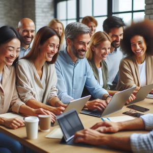 Happy adults at computers