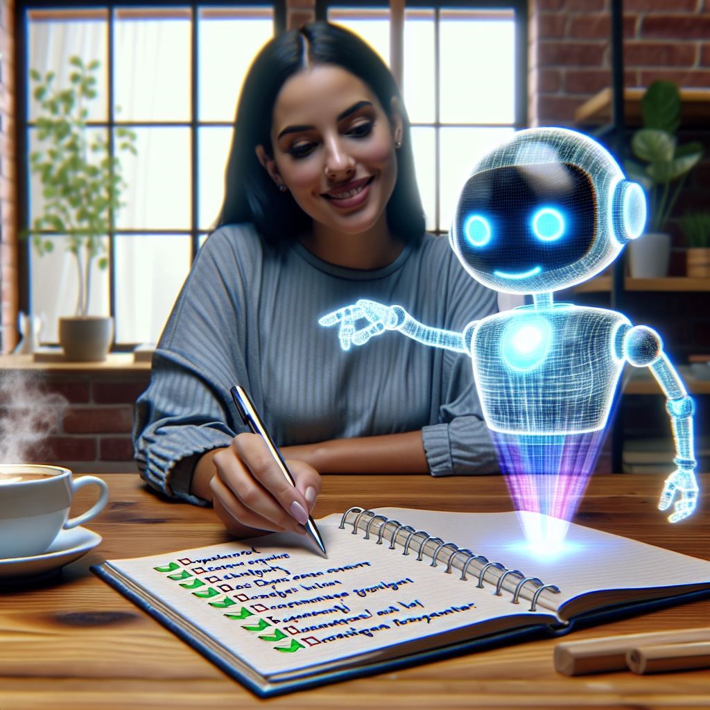 A robot helping a woman with her todo list