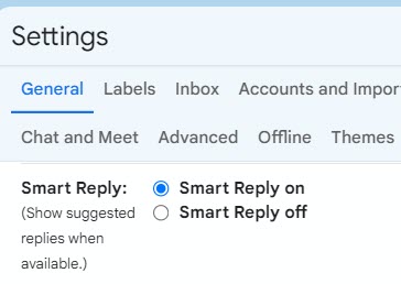 Gmail's settings for Smart Reply