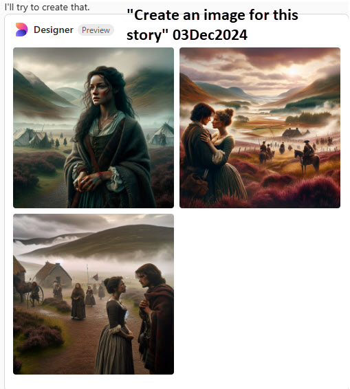 Three images of people in foggy mountainous areas evocative of Scotland. 