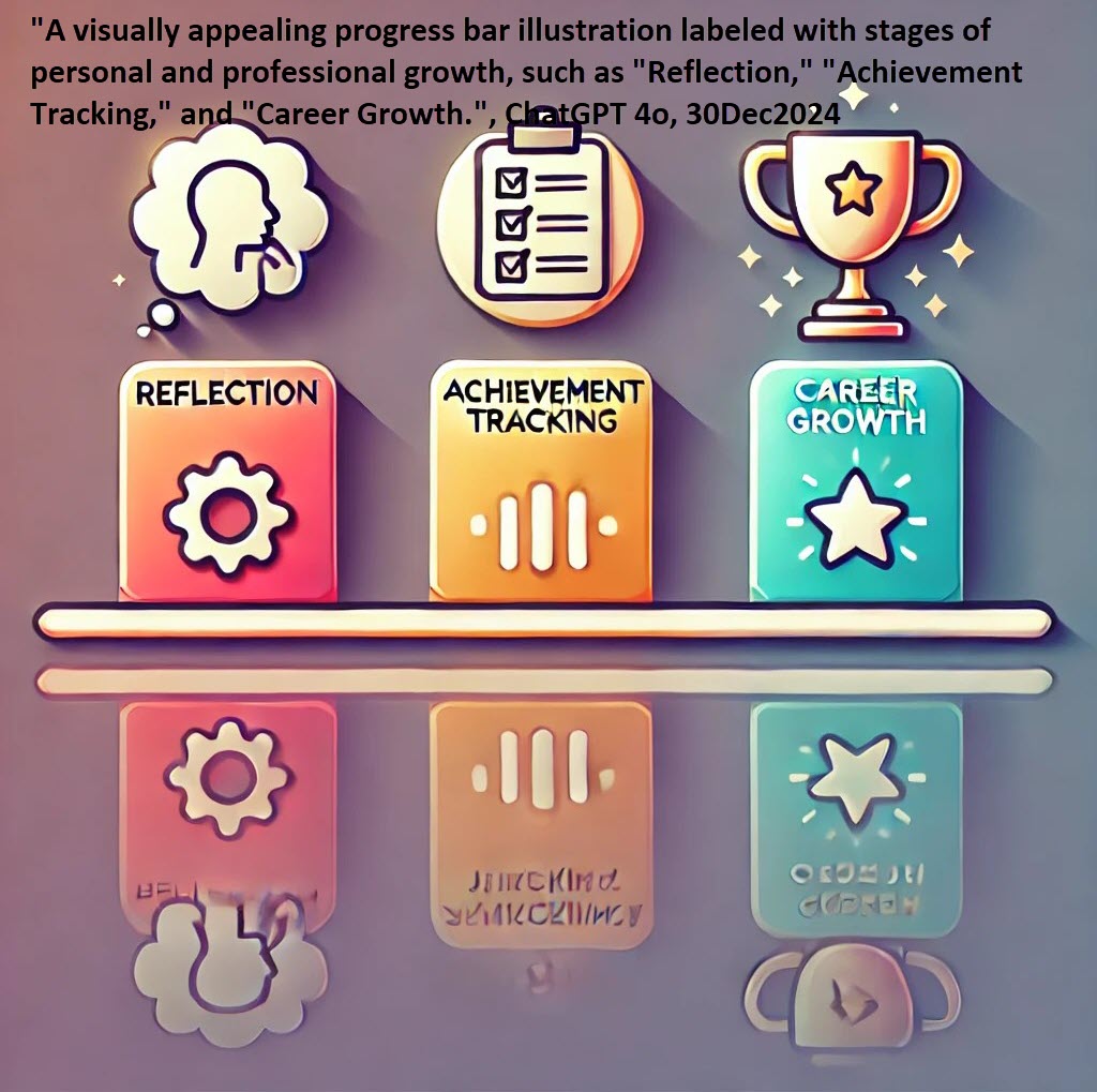 "A visually appealing progress bar illustration labeled with stages of personal and professional growth, such as "Reflection," "Achievement Tracking," and "Career Growth.", ChatGPT 4o, 30Dec2024