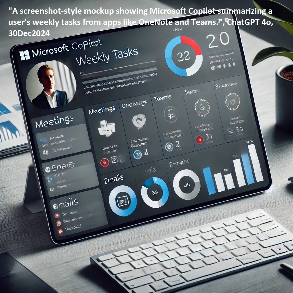 "A screenshot-style mockup showing Microsoft Copilot summarizing a user's weekly tasks from apps like OneNote and Teams.", ChatGPT 4o, 30Dec2024