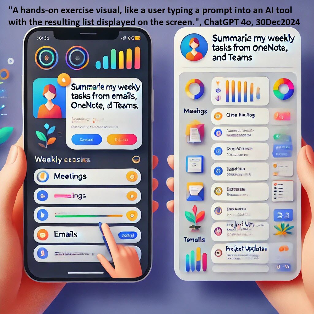 "A hands-on exercise visual, like a user typing a prompt into an AI tool with the resulting list displayed on the screen.", ChatGPT 4o, 30Dec2024