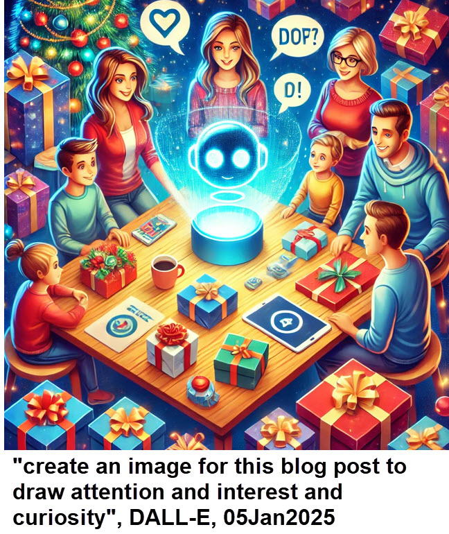 A family looking delighted around a table with an AI robot, and presents surrounding them