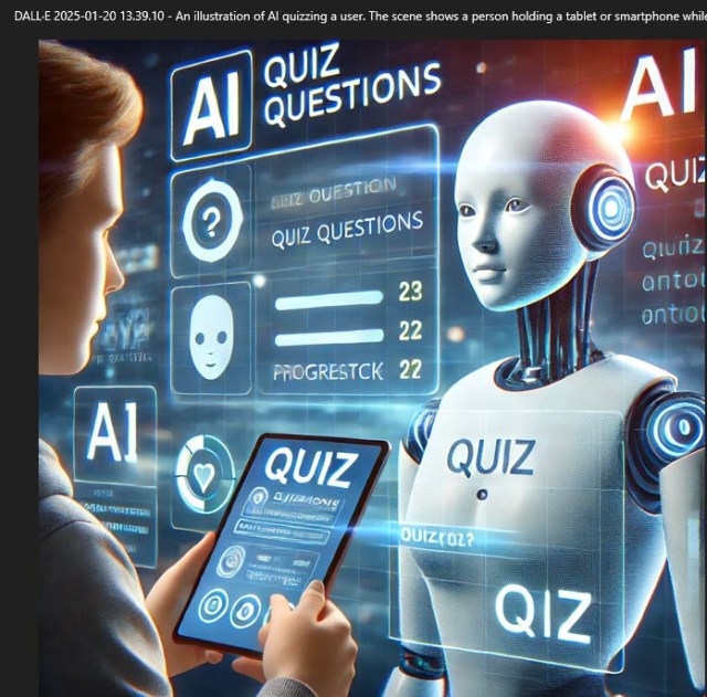 A robot giving a person a quiz