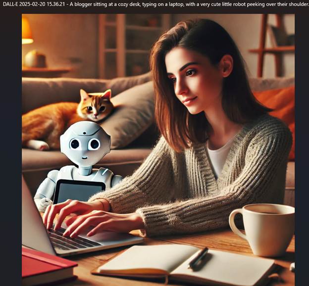 A person on a laptop with a cute little robot assisting and an orange cat on the sofa.