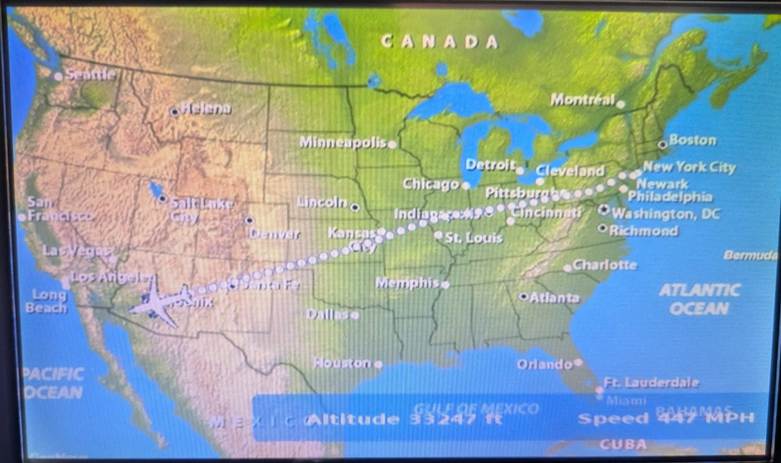 A map showing a plane's route from the New York City area to Southern California